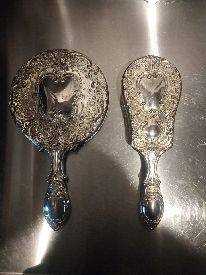 Juego de tocador vintage plateado plateado: cepillo y espejo 📦 Foto 2 de 2