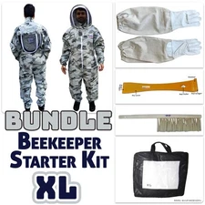 Adult XL Snow Camouflage Bee Keeper Suit Bundle - Gloves, Hive Tool & Brush