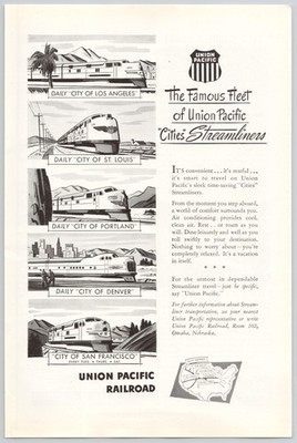 Union Pacific Cities Streamliners Train Travel Destinations Map 1947 Print Ad