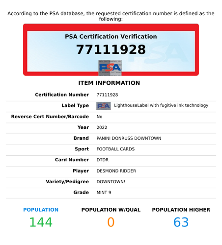 2022 PANINI DONRUSS DESMOND RIDDER #DTDR DOWNTOWN! PSA 9 MINT RC ROOKIE - Bild 3 von 3