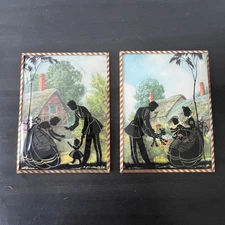 Vintage Silhouette Convex Glass Art Pictures Set of 2 Reverse Painting Family