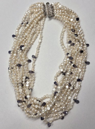 Freshwater Pearl Amethyst Sterling Silver 10 Strand Necklace 18" L 925 Cultured - Picture 8 of 18