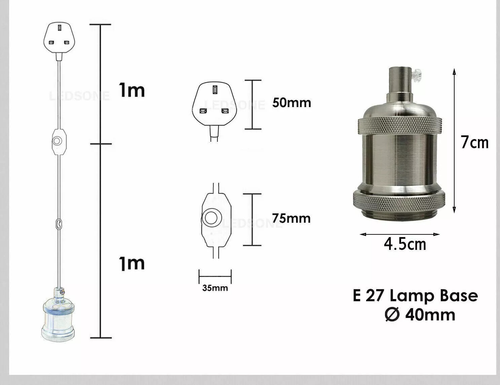 Lampada a sospensione spina cavo flessibile tessuto set luce attacco E27 lampadina interruttore on/off - Foto 2 di 21