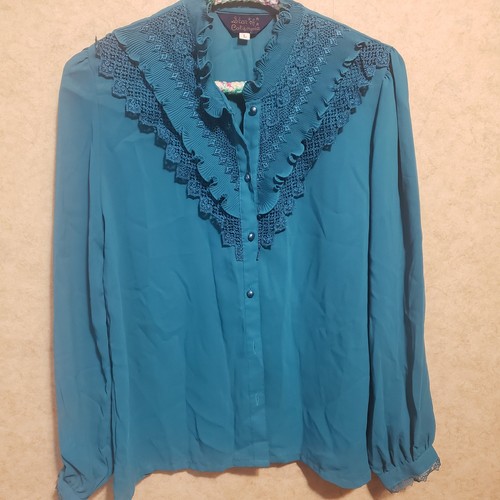 VTG Sheer Womens Blouse Teal Shirt Star of California Long Sleeve Turquoise- Lg