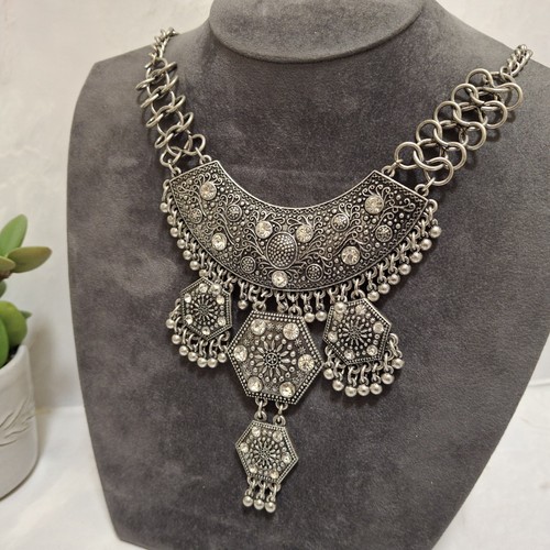 Tribal Ethnic Oversize Necklace Drop Sparkly Rhinestone Silver Tone Statement