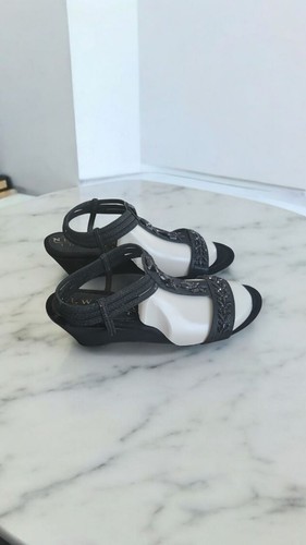 New York Transit Black Wedge Beaded Sandals Sz 8.5M Wedding 2.9” Heel - Picture 3 of 5
