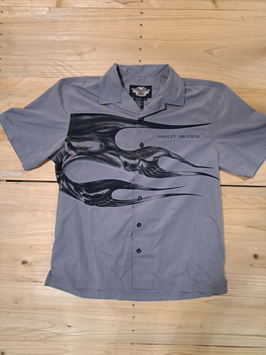 Harley Davidson Mens Large Button Up Short Sleeve Collared Skull Flame Shirt - Picture 1 of 6