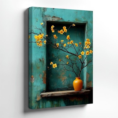Wall Art Yellow Blossoms Branch in Vase Rustic Teal Wall Floral Canvas Print