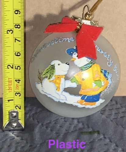 VINTAGE HANDBEMALTER SCHNEEMANN & WELPE "WINTERTIME IS FROSTY FUN" BALL ORNAMENT 3" T - Bild 8 von 8