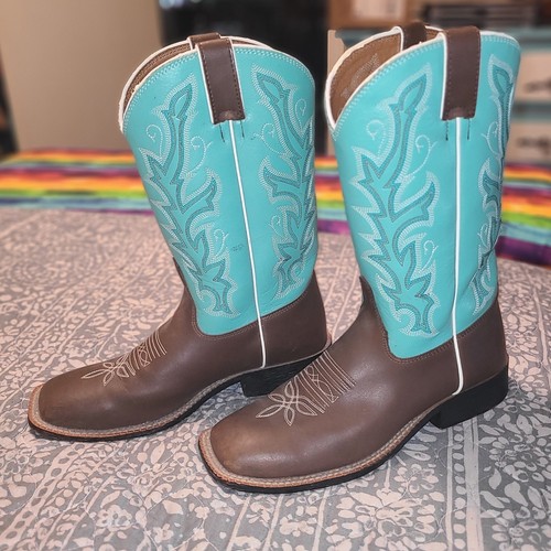 Justin Cowboystiefel braun türkis eckige Zehenpartie Jugend Größe 4 D Stil 310JR