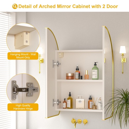Bathroom Arched Mirror Cabinet Wall Mounted Modern Storage Unit 2 Door 23.6x27.6 - Picture 3 of 8