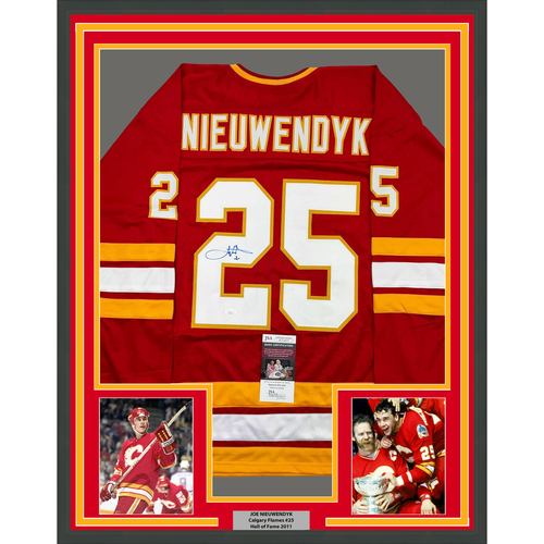 Framed Autographed/Signed Joe Nieuwendyk 35x39 Calgary Red Hockey Jersey JSA COA - Picture 1 of 2