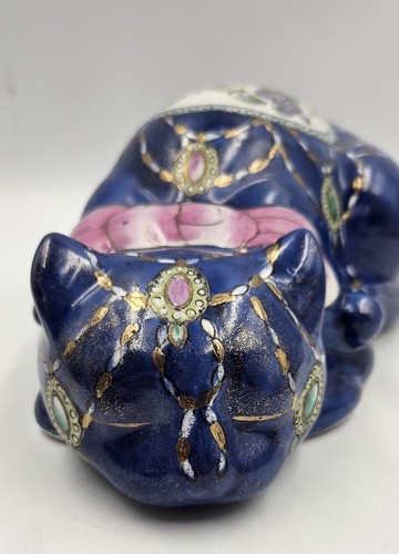 Chinese Floral Sleeping Cat Figurine Gold Gilt Pink Ribbon Vintage - Picture 11 of 17