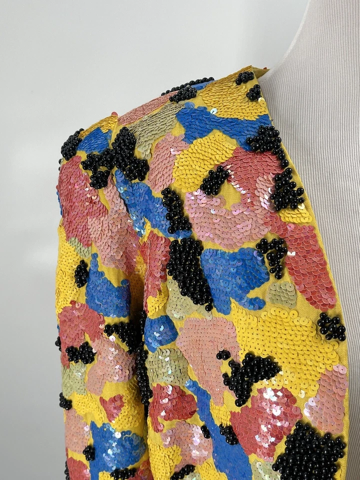 Jaqueta cropped bolero colorida floral com lantejoulas de seda vintage encolher glam rock - Imagem 3 de 4