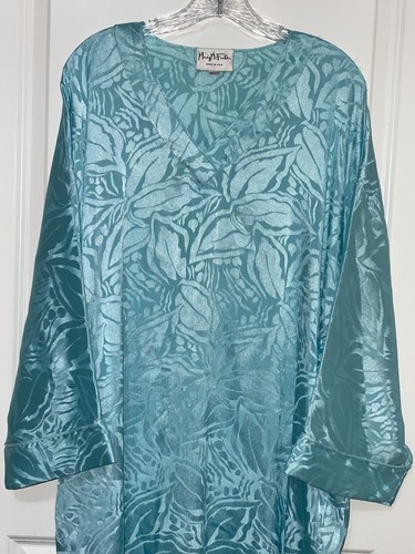 Mary McFadden Turquoise Blue Satin Floral Kaftan House Dress OS Mumu Long - Picture 2 of 9
