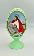 1976 Byron Molds Jesus Religious Hand Painted Ceramic Egg on Pedestal