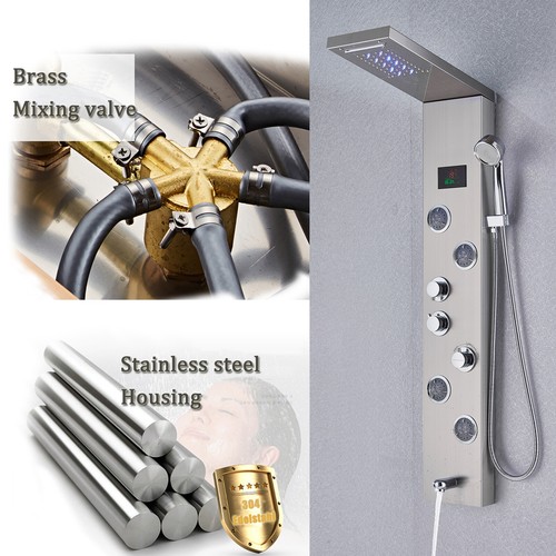Stainless Steel LED Shower Panel Tower Rain&Waterfall Massage Jets System Mixer - Picture 145 of 187