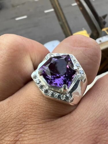 Natural Amethyst Gemstone 10k White Gold Ring For Men's #5556 - Picture 1 of 9