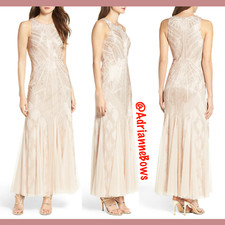 NEW 369 Adrianna Papell Beaded Halter Gown in Cream w/Rose Gold SZ 2  N714
