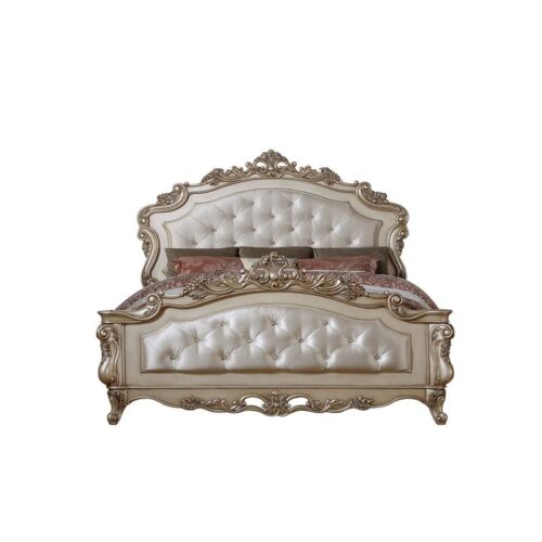 Pemberly Row Tufted Eastern King Panel Bed in Cream Fabric and Golden Ivory - Picture 2 of 6