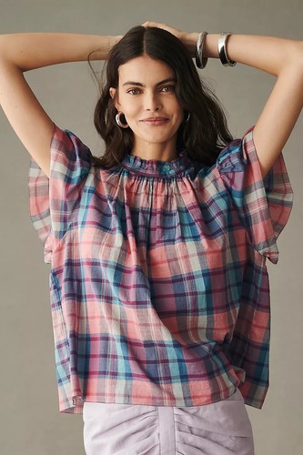 Trovata Birds of Paradis Carla Blouse XS Uk 8 10 12 Boho Check Anthroplologie - Picture 2 of 19