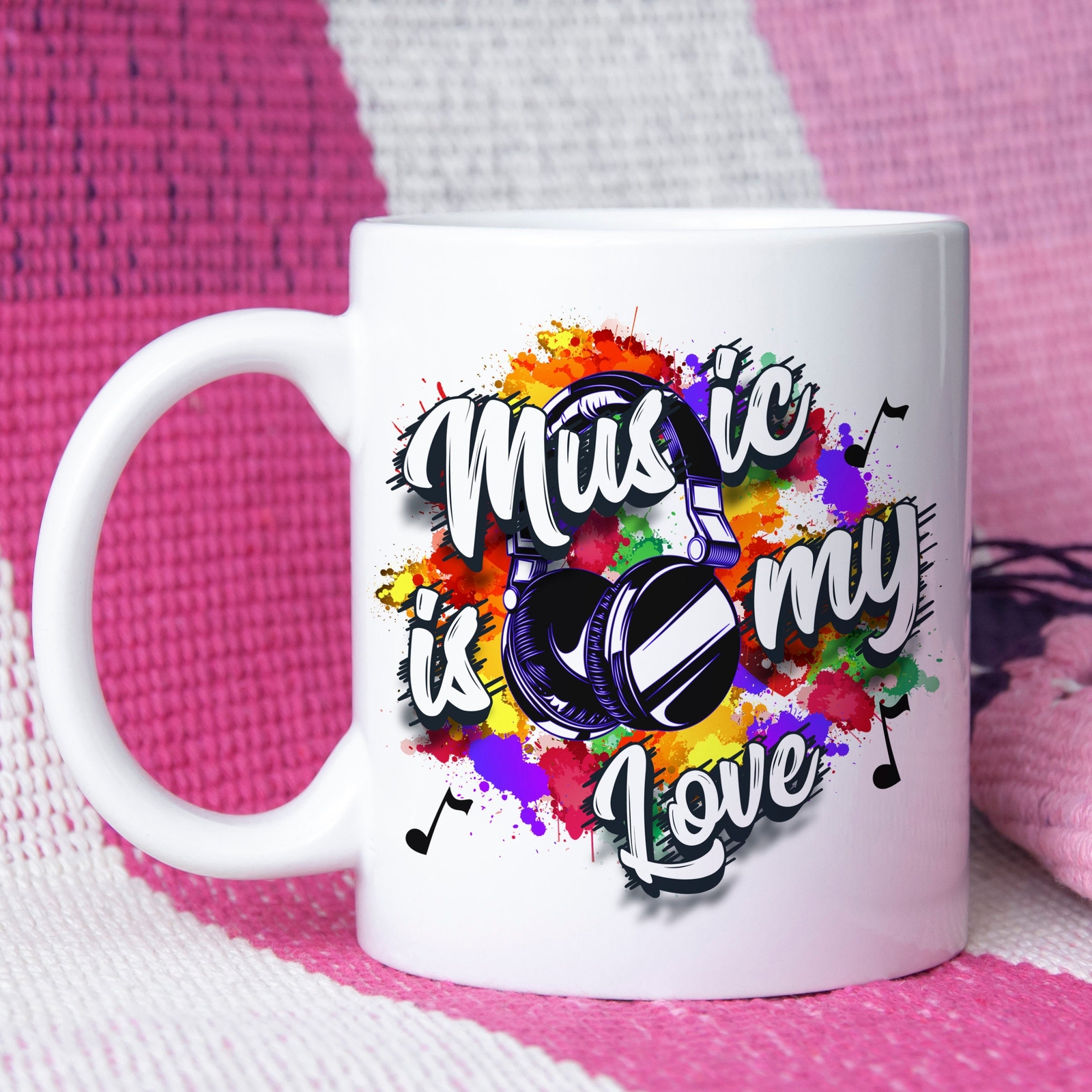 Music Lovers Mug - Blue Earphones Design with Music Is My Love Theme  