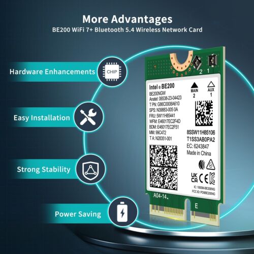 WiFi 7 Wireless Card Intel BE200NGW, Bluetooth 5.4, 5800Mbps M.2/NGFF Network Su - Picture 4 of 7