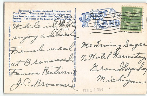 New Orleans - Broussard's Paradise Courtyard Restaurant - 1939 Linen Postcard - Picture 2 of 2