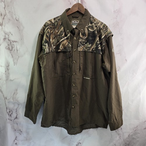 Drake Shirt Mens Large Camo Realtree Max 5 Wing Shooter Button Up Hunting Vented