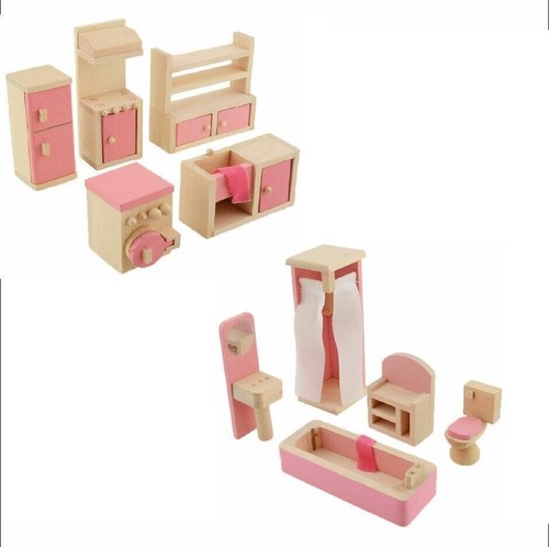 7 Room People Wooden Furniture PlaySet Dolls House Miniature Doll Toys Kids - Picture 35 of 39