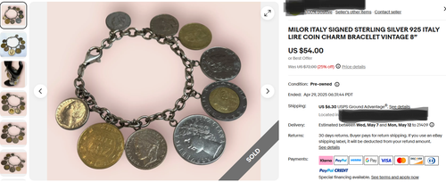 925 Sterling Silver 8" Rolo Chain Bracelet 9 Lire Coin Milor Italy Italian 57G - Picture 11 of 11