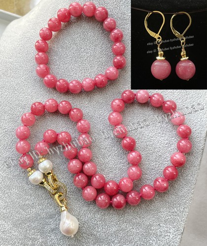 Collar de perlas barrocas blancas gemas de cuarzo fresa de 10 mm 20" + pulsera + pendientes - Imagen 12 de 12