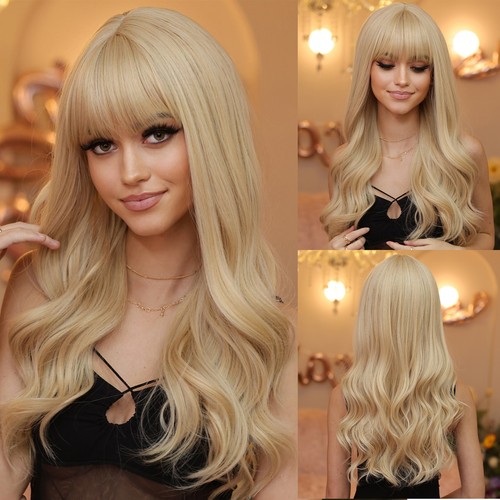 Halloween Long Wavy Light blonde Women Synthetic Hair Dress Up Wig With Bangs