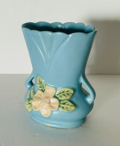 Antique Weller Pottery Vase Matte Blue Pale Pink Wild Rose Pristine - Picture 3 of 10