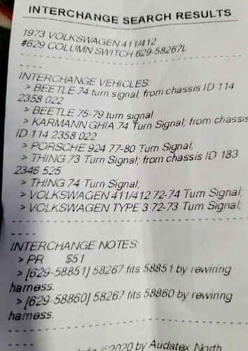 Interruptor de columna Volkswagen Fastback 411/412 Thing Karmann GHIA 1972-1974, FABRICANTE DE EQUIPOS ORIGINALES - Imagen 6 de 6