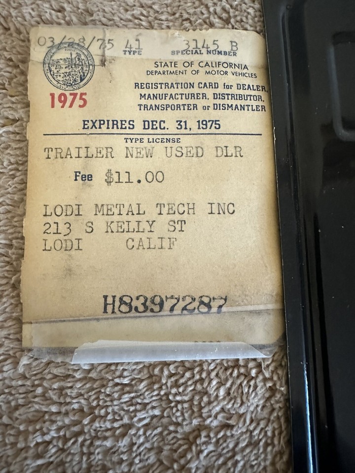 California License Plate DLR TLR 3145 A & 3145 B Black 1975 Tag & REG