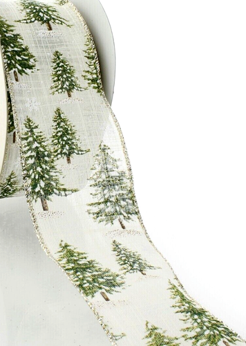 Christmas Snowcap Trees 2.5" by 3 yd Cream Wired Ribbon Gold Glitter Snowflake - Picture 4 of 7
