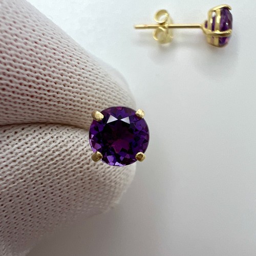 Natural Vivid Purple Amethyst 9k Yellow Gold 5mm Round Cut Stud Earrings 5mm - Picture 2 of 6