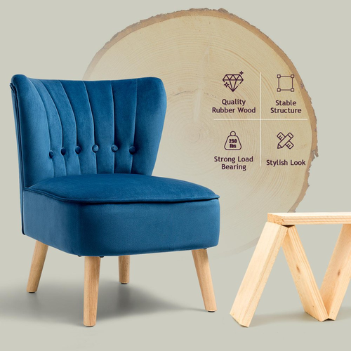 Armless Accent Chair Wingback Velvet Sofa Tufted Wooden Legs Padded Seat Blue - Picture 8 of 12
