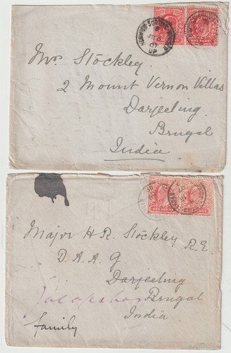 1907 x 2 NORWICH SORTING TENDER UP TPO POSTMARKS 2d RATED ENVs TO BENGAL INDIA - Picture 1 of 3