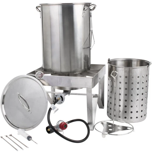 30 Qt STAINLESS STEEL Turkey Deep Fryer Kit Steamer Stock Pot Propane LP Outdoor