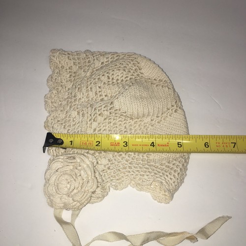 Vintage Hand Crocheted Cotton Thread Baby Bonnet With Rosettes & Satin Ribbon - Picture 8 of 11