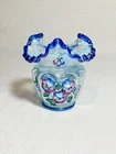 Fenton Glass "Open Hearts Arches Vase" Iridescent Blue Crest Pansies-Signed
