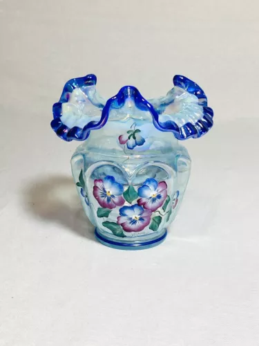 Fenton Glass "Open Hearts Arches Vase" Iridescent Blue Crest Pansies-Signed