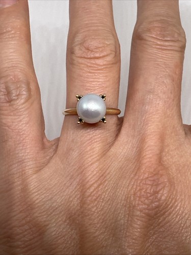 Vintage 18k yellow gold pearl solitaire ring gray lustrous 8mm hand crafted fine - Picture 2 of 13