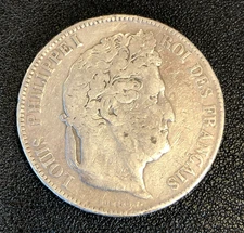 1833-A France 5 Five Francs World SILVER Coin Louis Philippe I