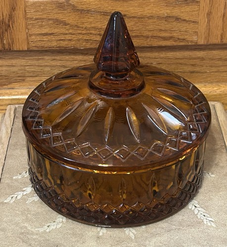 Vintage 1970s INDIANA GLASS Amber Lidded Candy/Nut Dish Princess Pattern #7692