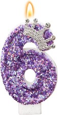 Birthday Number Candles,Purple Crown Birthday Candles for Cake,Glitter Number 6