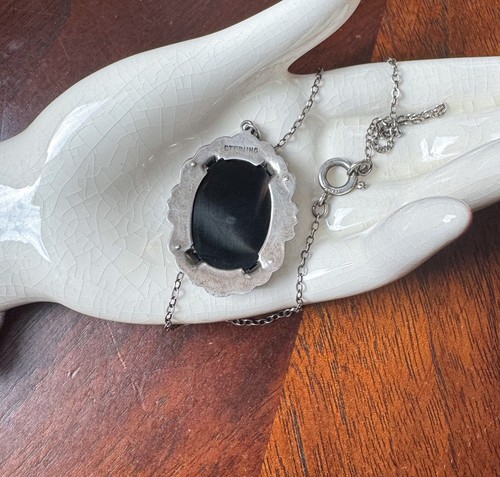 Antique Art Deco Onyx Marcasite Pendant Sterling Silver Chain Necklace 1930s - Bild 4 von 5