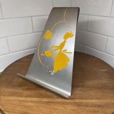 1950s “What's Cookin” Brushed Aluminum Cookbook Easel Stand Yellow Silhouette